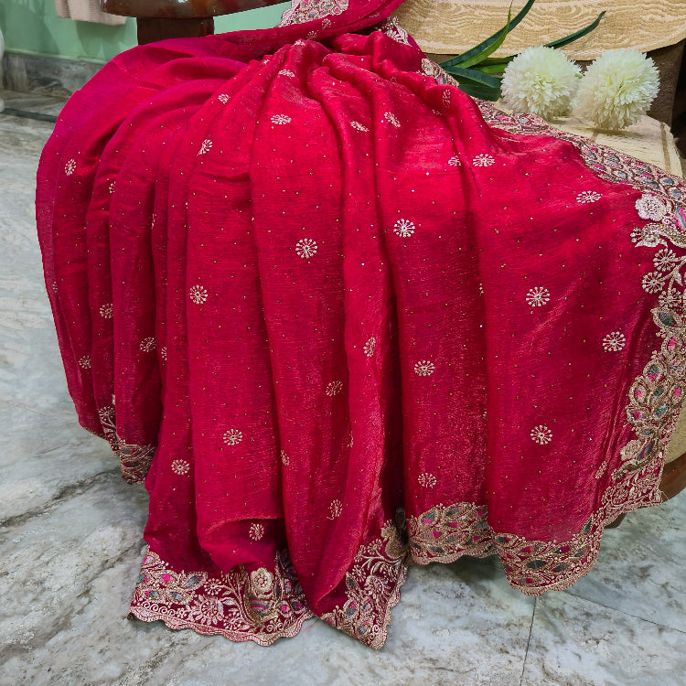 Pinkish Red Embroidery Saree