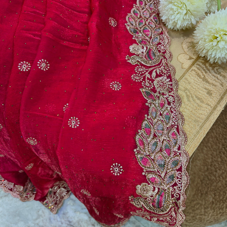 Pinkish Red Embroidery Saree