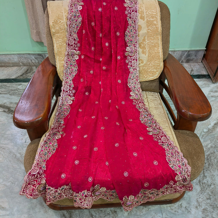 Pinkish Red Embroidery Saree