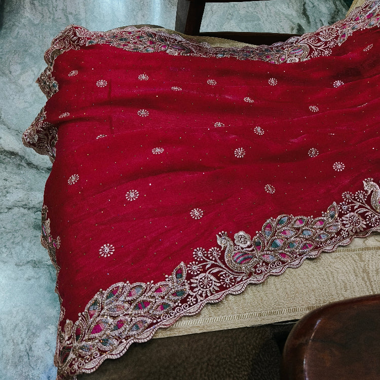 Pinkish Red Embroidery Saree