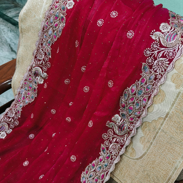 Pinkish Red Embroidery Saree