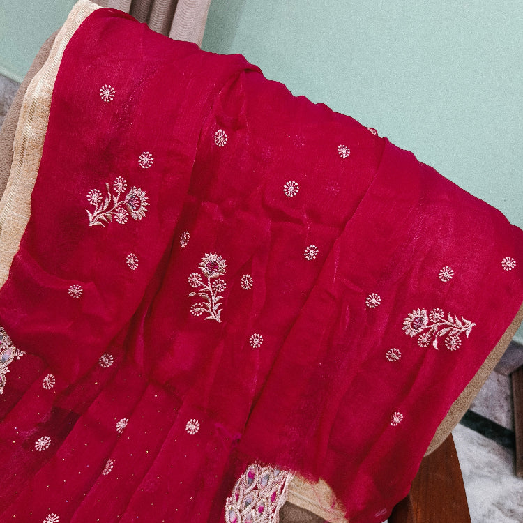 Pinkish Red Embroidery Saree