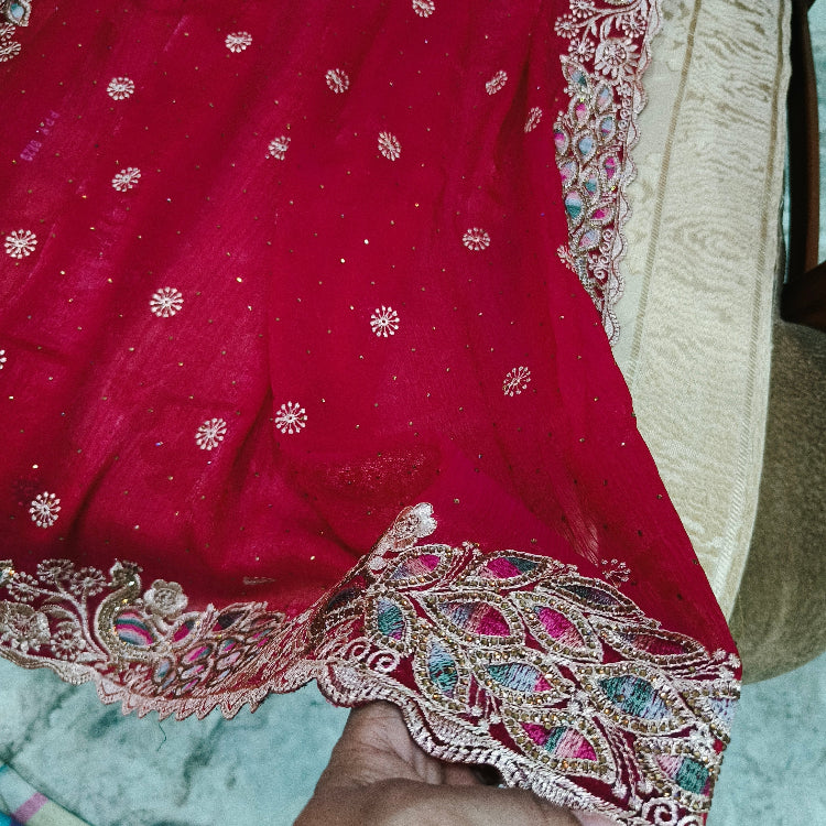 Pinkish Red Embroidery Saree