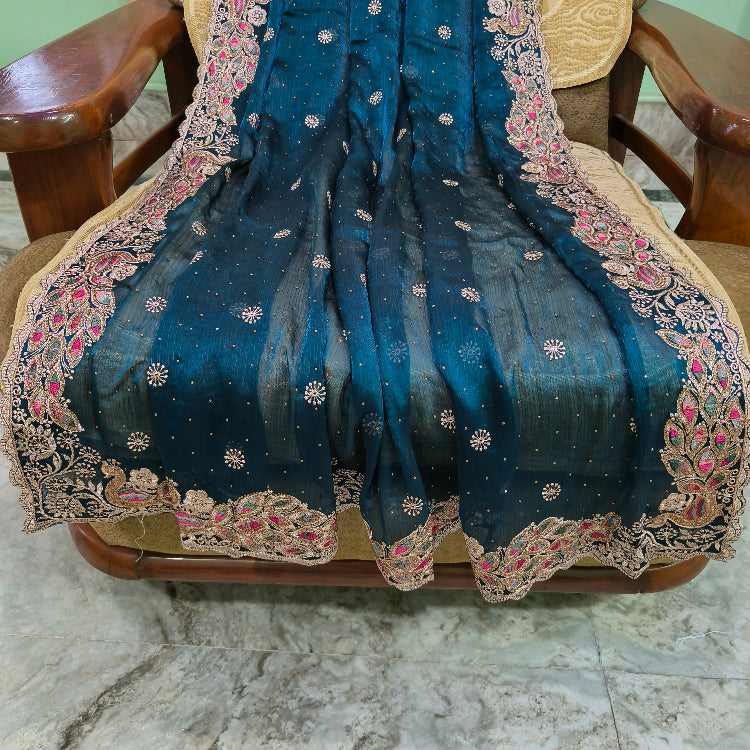 Embroidered Blue Chiffon Saree