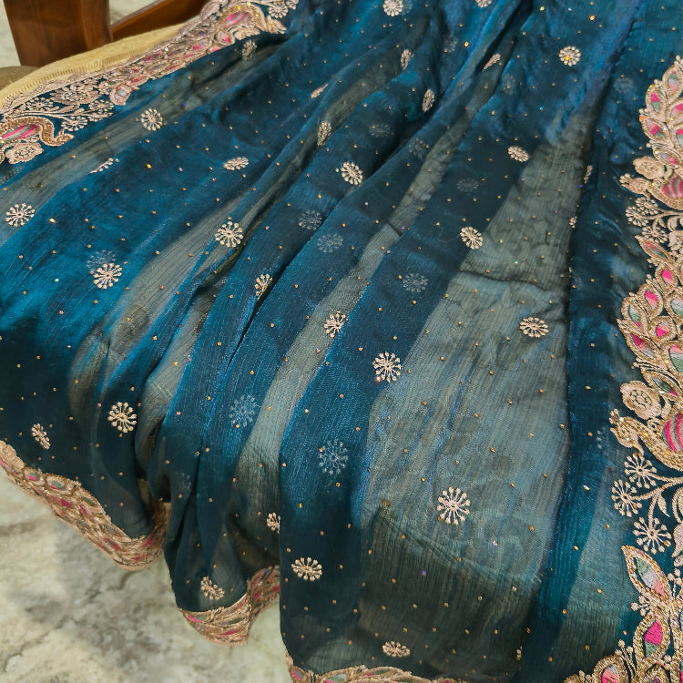 Embroidered Blue Chiffon Saree