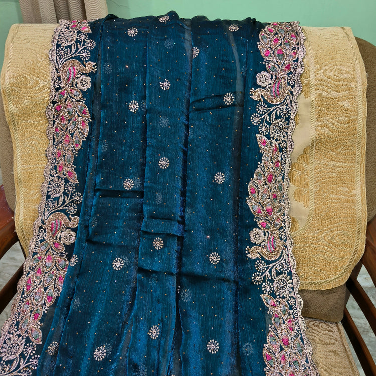 Embroidered Blue Chiffon Saree