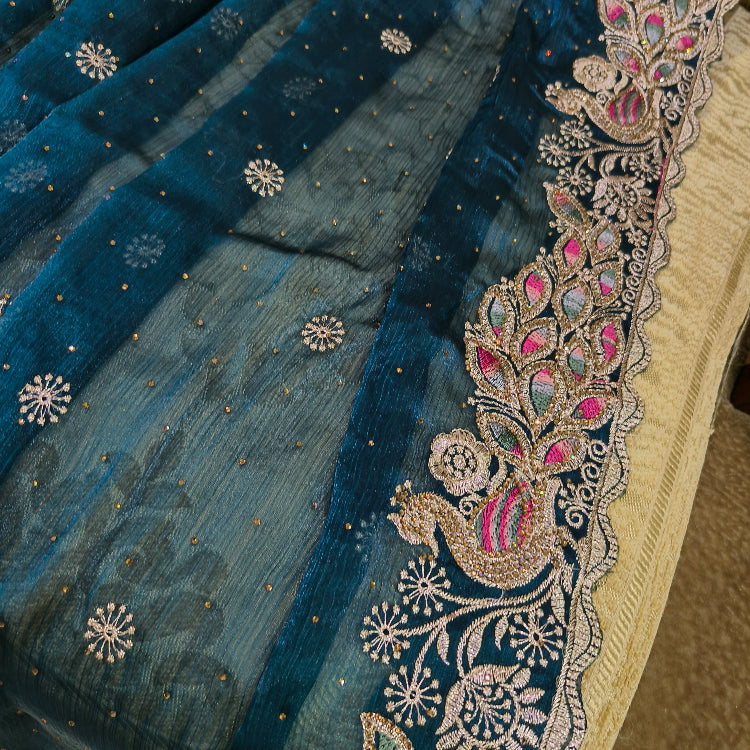 Embroidered Blue Chiffon Saree