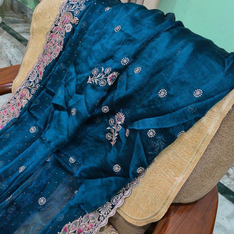 Embroidered Blue Chiffon Saree