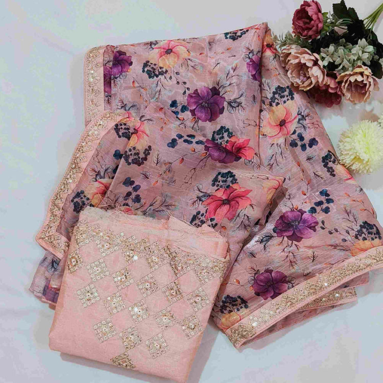 Floral Printed Organza Saree