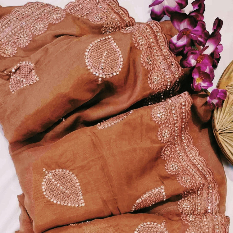 Brown Pastel Satin Saree