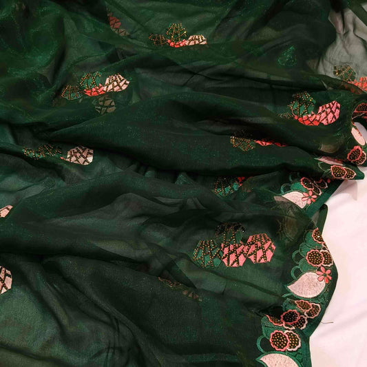 Dark Green Shimmer Embroidery Saree