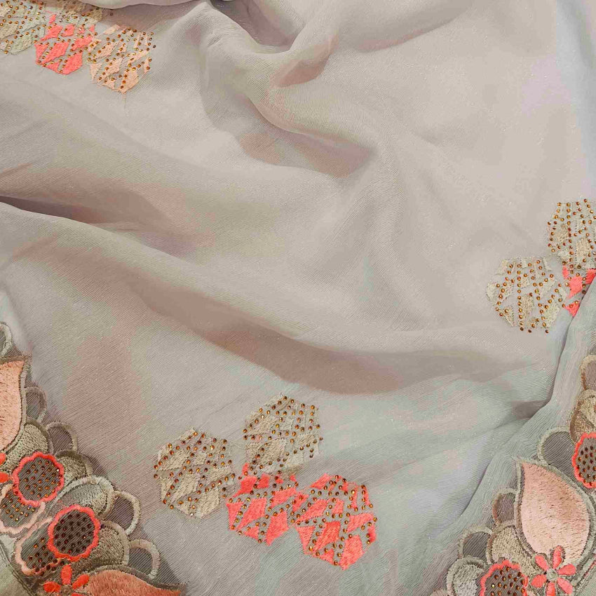 Shimmer Grey Embroidery Saree