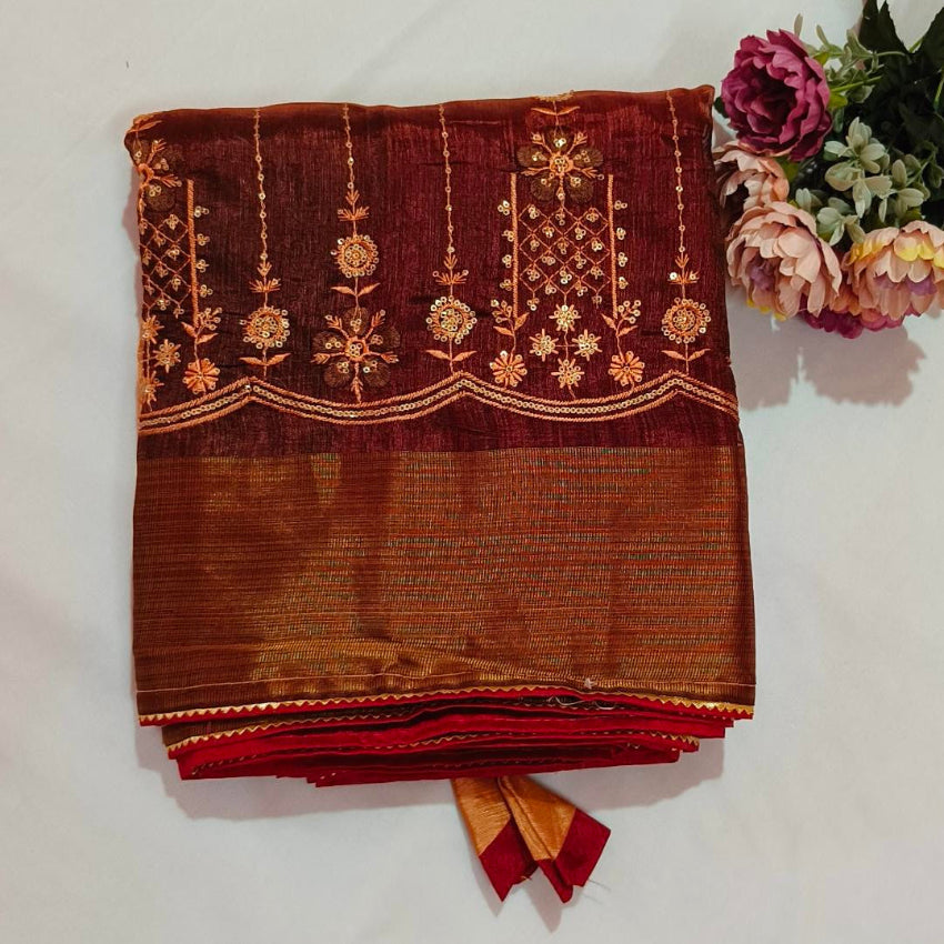 Brown Peach Embroidered Art Silk Saree