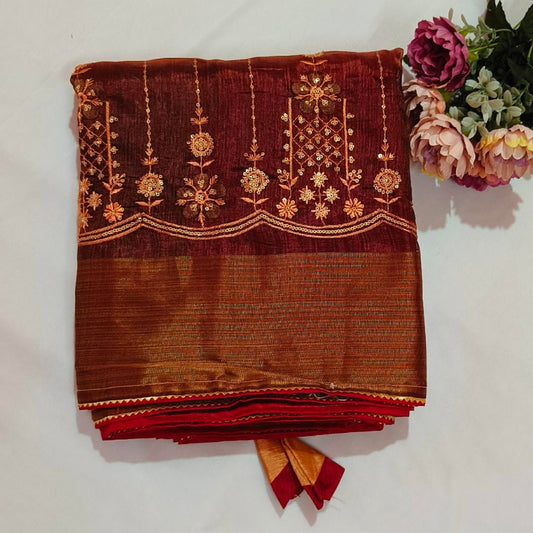 Brown Peach Embroidered Art Silk Saree