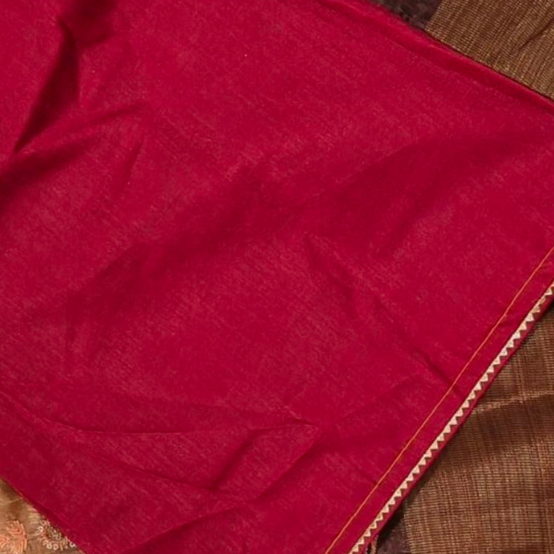Brown Peach Embroidered Art Silk Saree