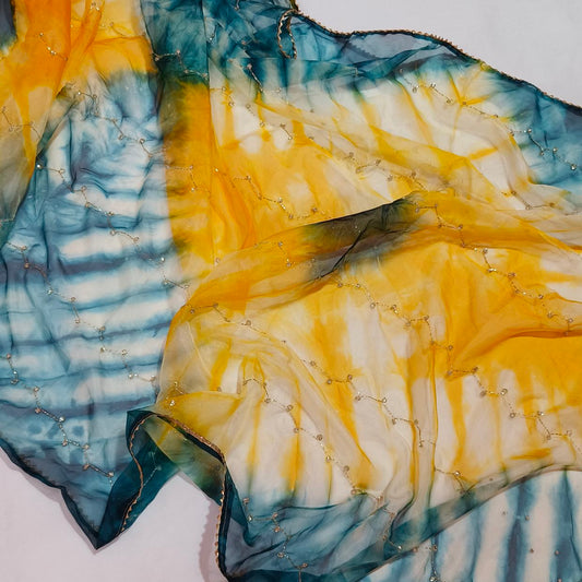 Yellow Blue Organza Saree