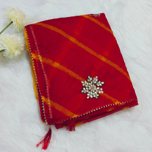 Red Lehariya Organza Saree