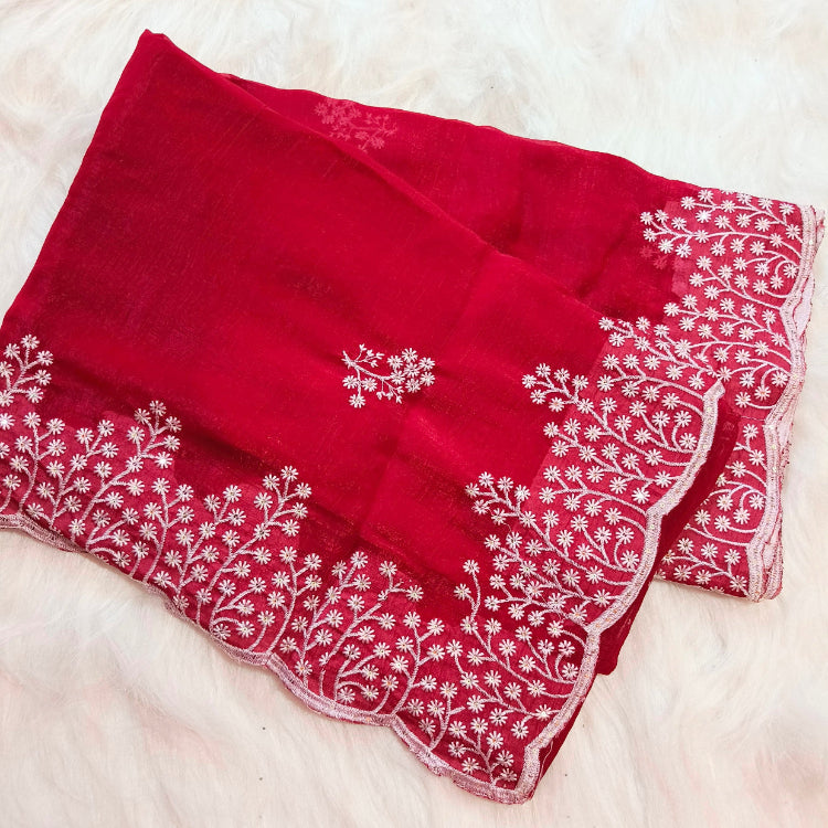 Shimmer Red Embroidered Saree
