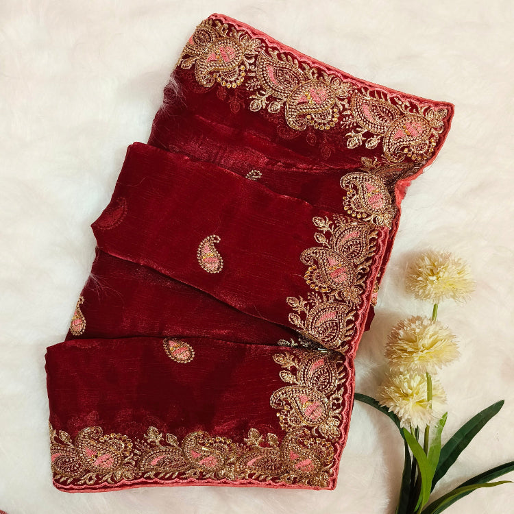 Shimmer Maroon Embroidery Saree
