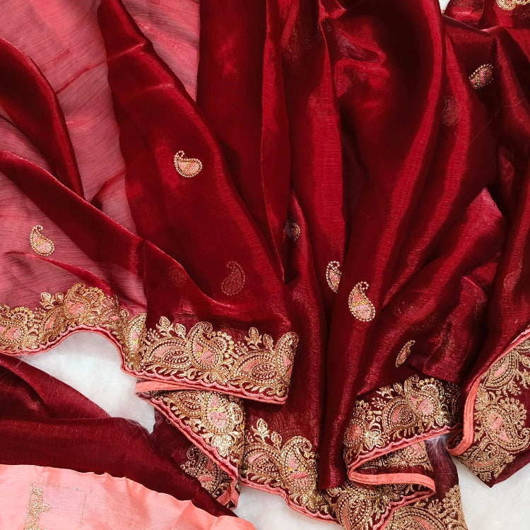 Shimmer Maroon Embroidery Saree