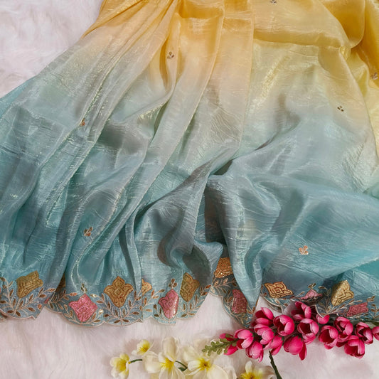 Art Silk Yellow Blue Saree