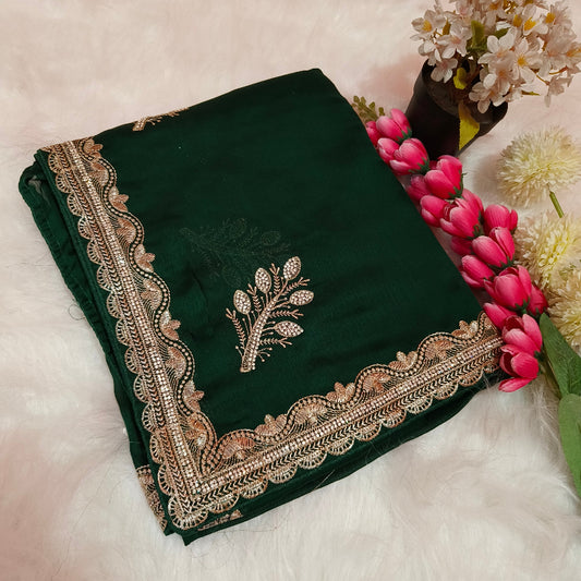 Dark Green Chiffon Embroidery Saree