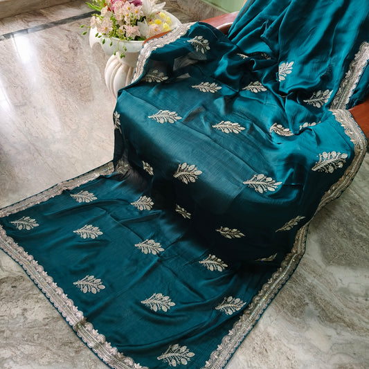 Teal Blue Chiffon Saree