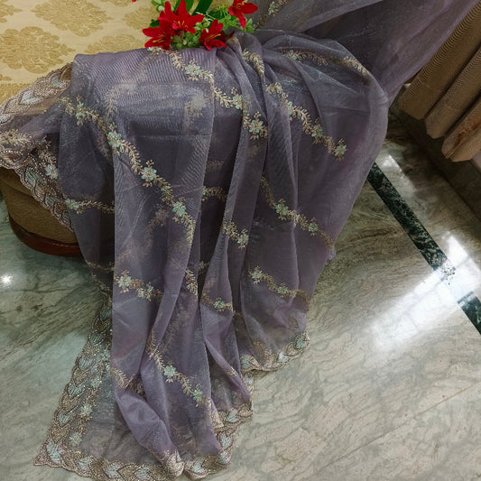 Lavender Net Embroidered Saree