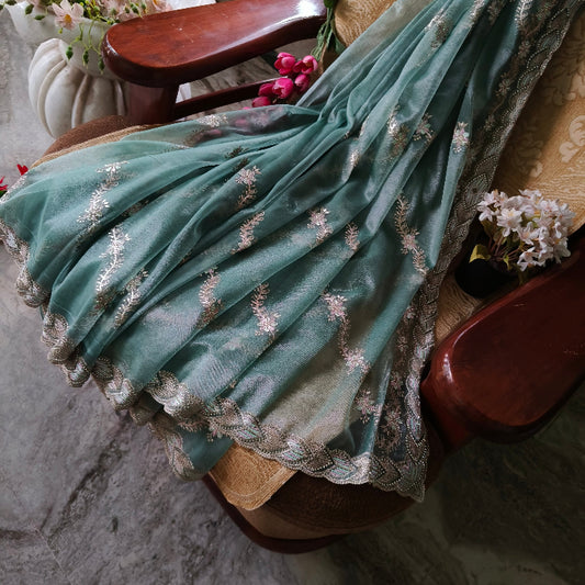Sea Green Net Embroidered Saree