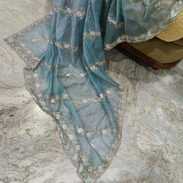 Blue Net Embroidered Saree