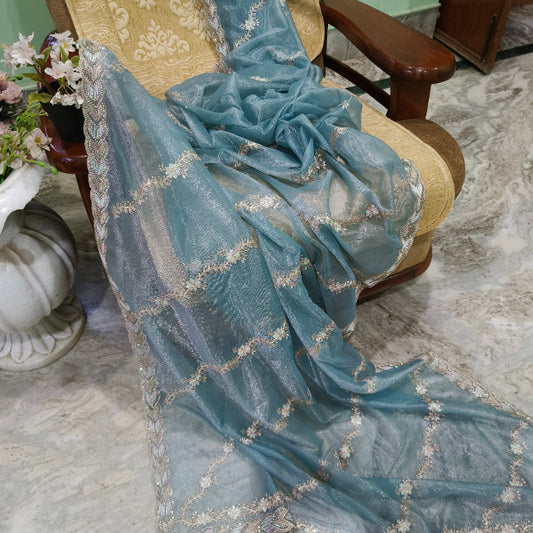 Blue Net Embroidered Saree