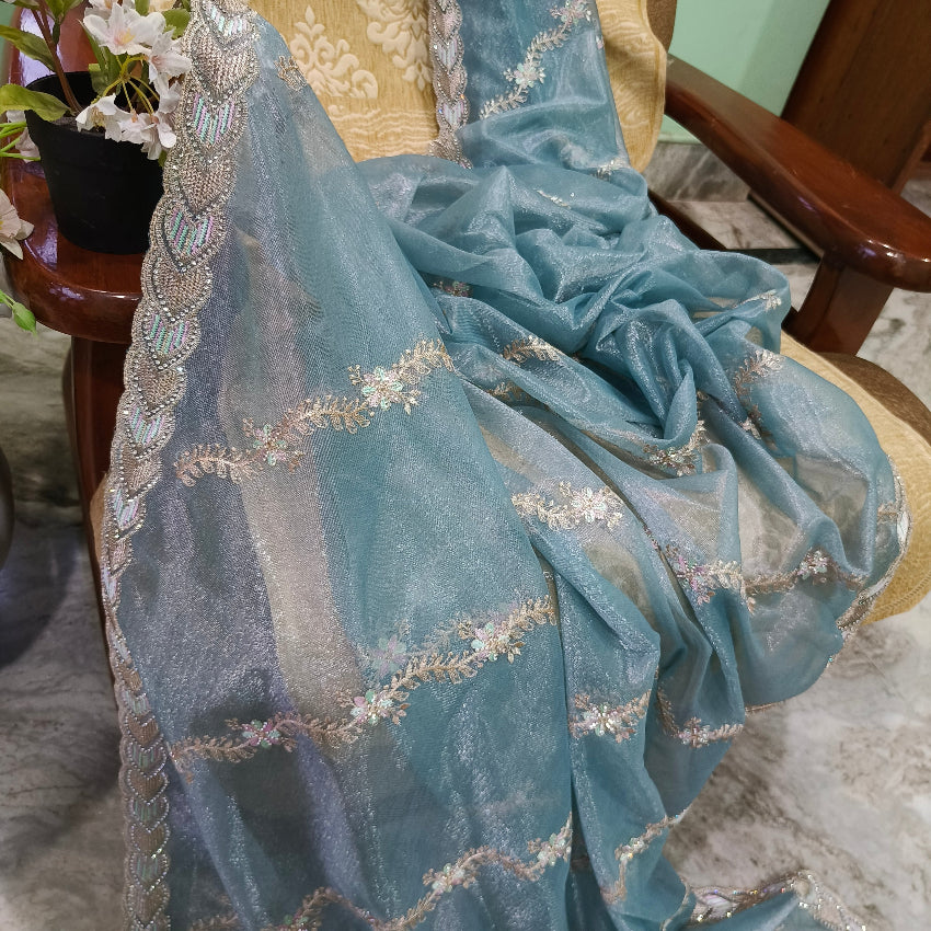 Blue Net Embroidered Saree