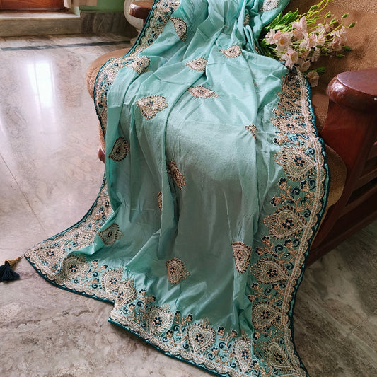 Blue Embroidery Artsilk Saree