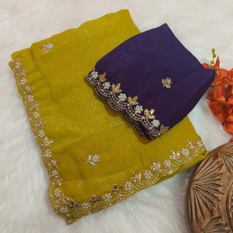 Olive Green Shimmer Embroidery Saree