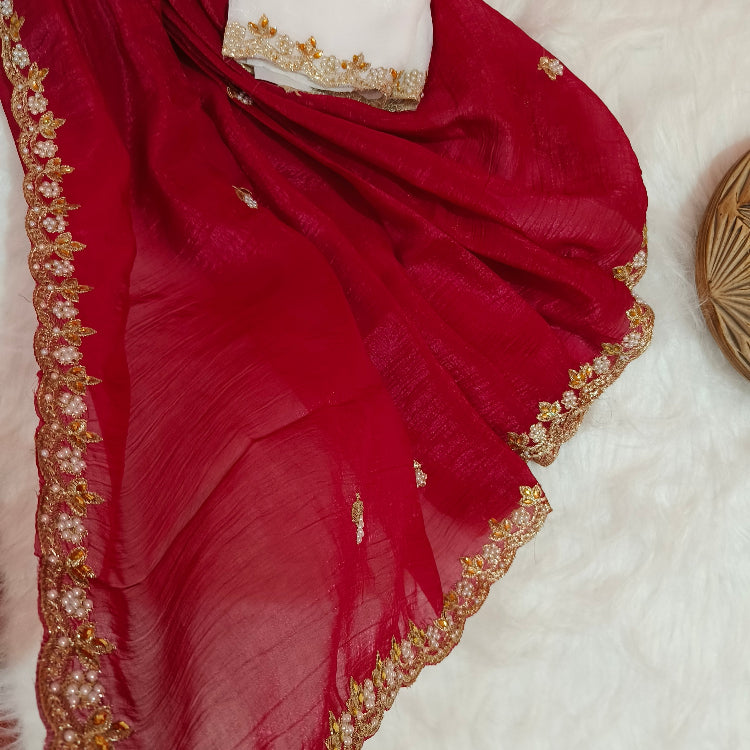 Red Shimmer Embroidery Saree