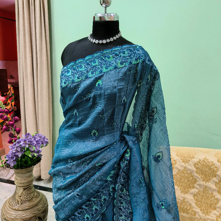 Teal Blue Embroidered Shimmer Saree