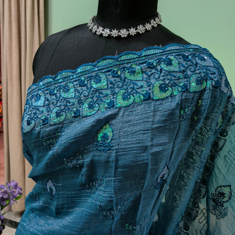 Teal Blue Embroidered Shimmer Saree