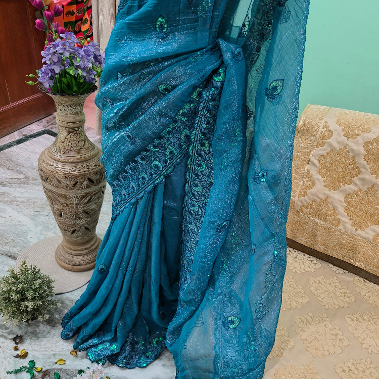 Teal Blue Embroidered Shimmer Saree
