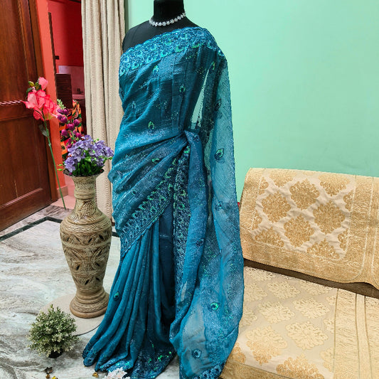 Teal Blue Embroidered Shimmer Saree