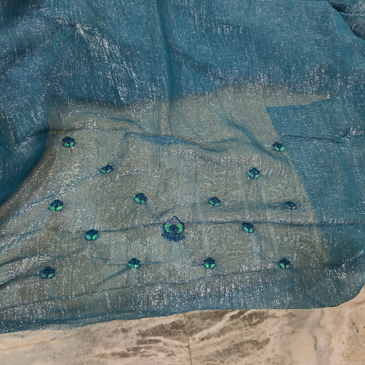 Teal Blue Embroidered Shimmer Saree