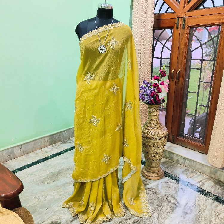 Olive Green Embroidered Shimmer Saree
