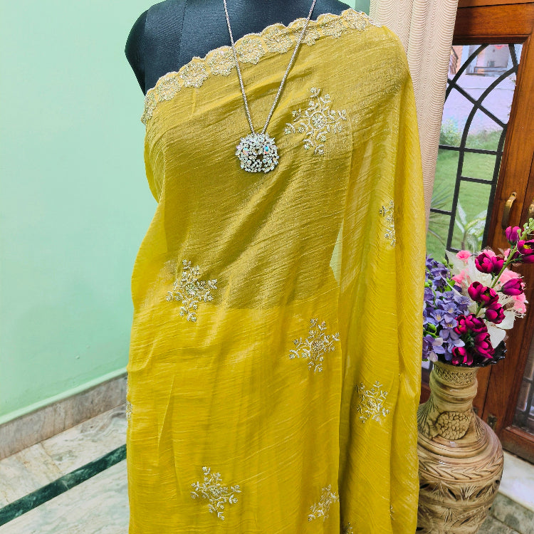 Olive Green Embroidered Shimmer Saree