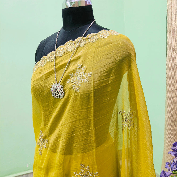 Olive Green Embroidered Shimmer Saree