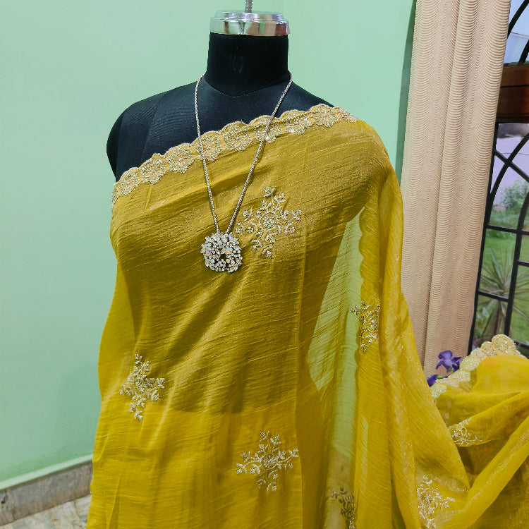 Olive Green Embroidered Shimmer Saree