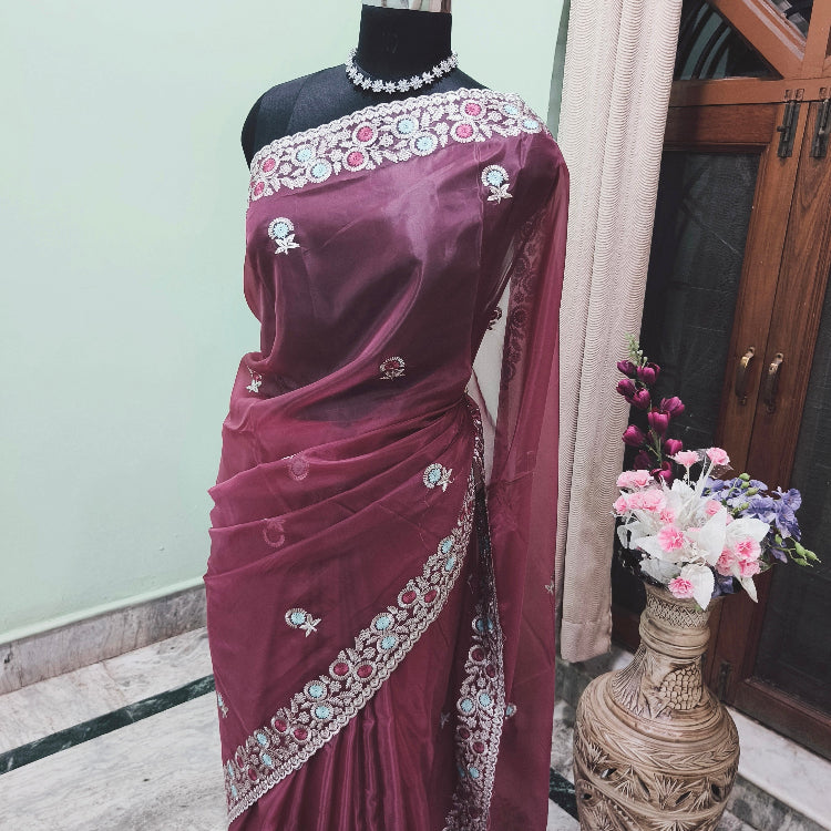 Organza Pastel Maroon Saree