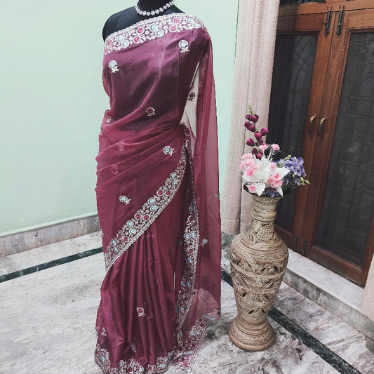 Organza Pastel Maroon Saree