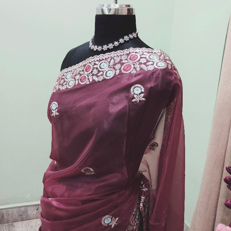 Organza Pastel Maroon Saree