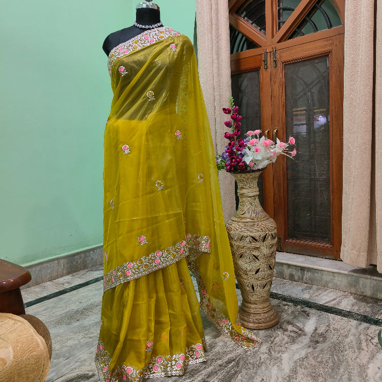 Organza Lemon Yellow Saree