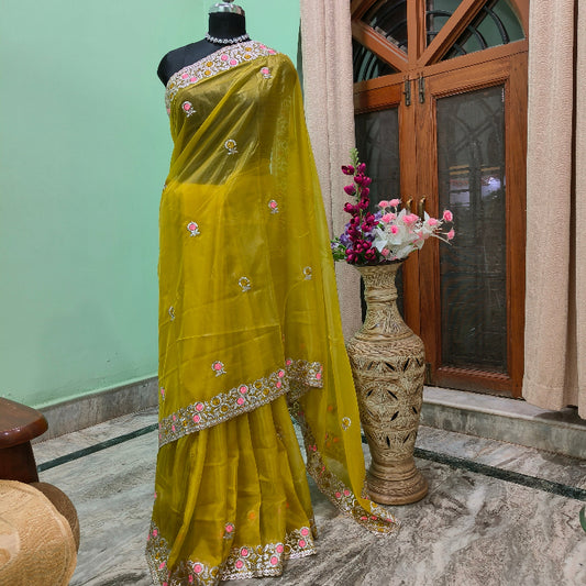 Organza Lemon Yellow Saree