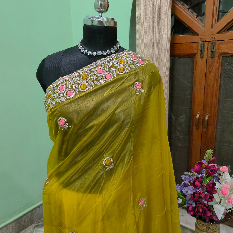 Organza Lemon Yellow Saree